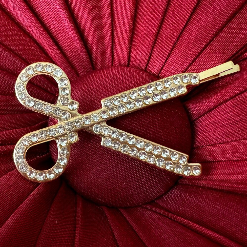 Scissor Barrette Hair Stylist Hairdresser Salon Cut Rhinestones Gold tone Gift